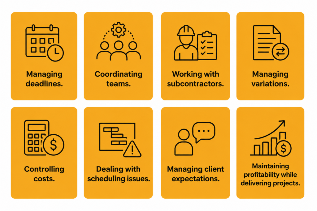 Managing deadlines.
Coordinating teams.
Working with subcontractors.
Managing variations.
Controlling costs.
Dealing with scheduling issues.
Managing client expectations.
Maintaining profitability while delivering projects.
