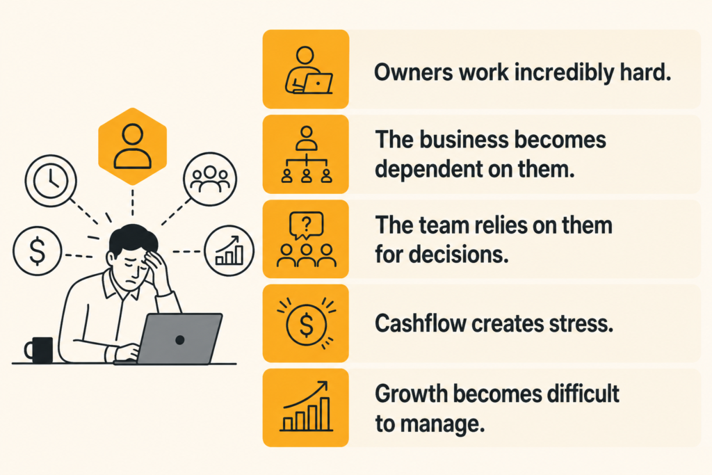 Owners work incredibly hard.
The business becomes dependent on them.
The team relies on them for decisions.
Cashflow creates stress.
Growth becomes difficult to manage.

