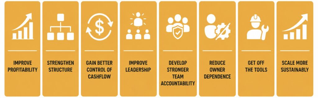 improve profitability
strengthen structure
gain better control of cashflow
improve leadership
develop stronger team accountability
reduce owner dependence
get off the tools
scale more sustainably