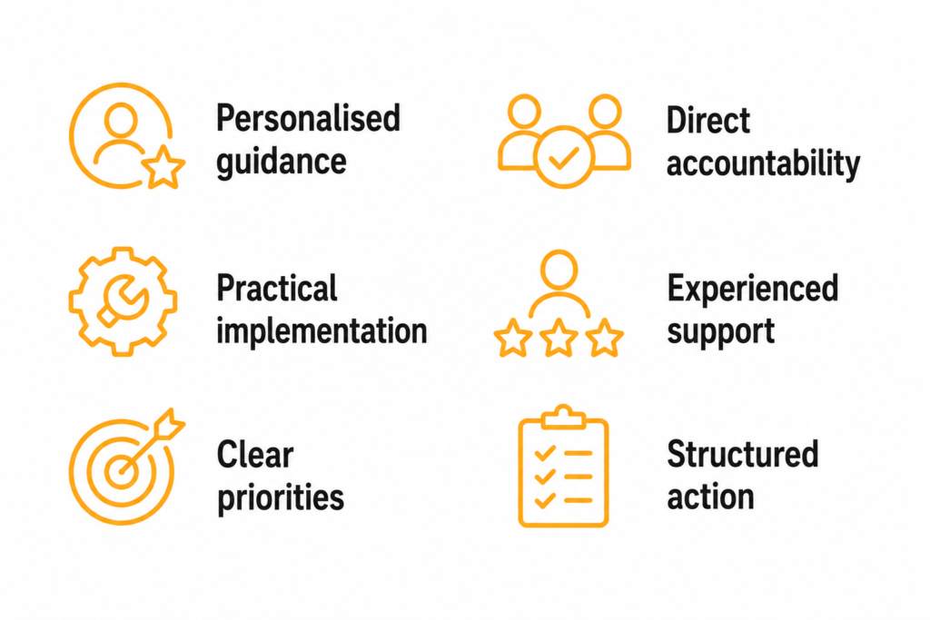 personalised guidance
direct accountability
practical implementation
experienced support
clear priorities
structured action