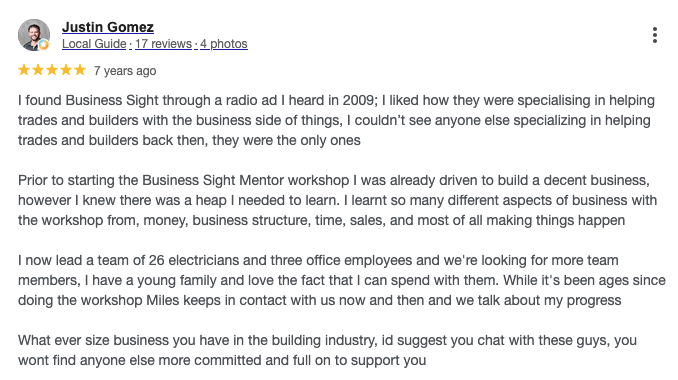 Justin Gomez Electrical Business Coaching Google Review